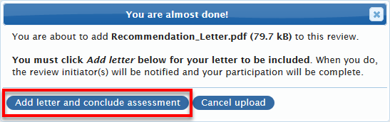 Image of the upload confirmation dialog with "Add letter and conclude assessment" button highlighted.