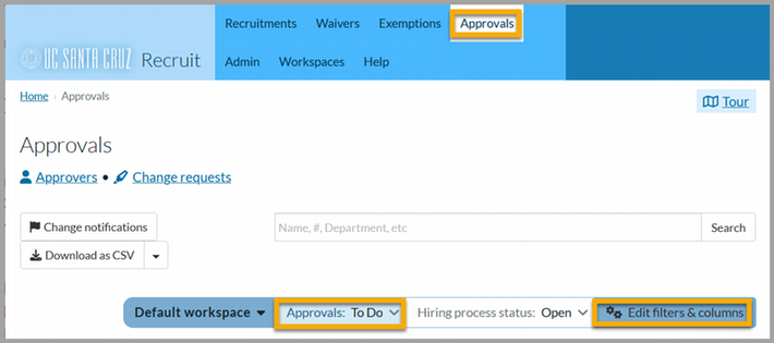 Dispalays workspace ribbon in the approvals page set to "default"