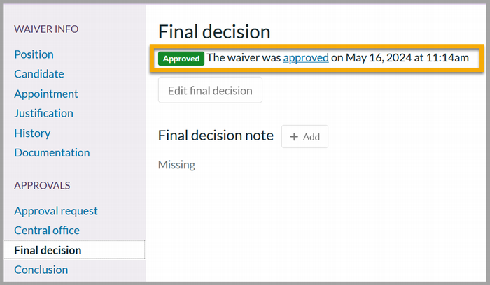 Displays final decision page with the date it was approved highlighted
