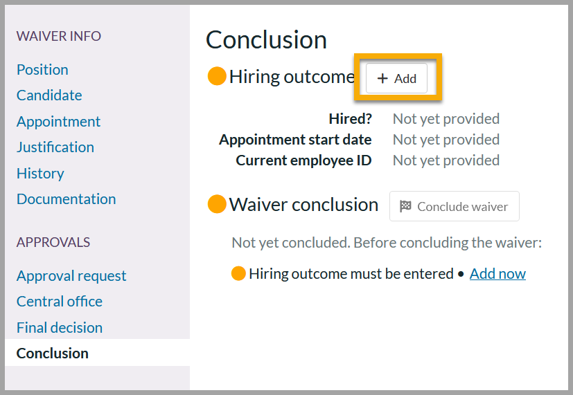 Displays the Hire Status section with the +Add button highlighted.