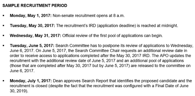 Image provides a sample Non-senate recruitment period: Open Date of May 1, 2017; IRD of May 30, 2017; Additional review date of June 5, 2017; and on Monday, July 1, 2017 recruitment is closed after Proposed Candidate is appointed.