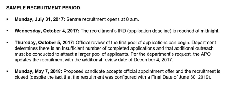 Image provides a sample Senate recruitment period: Open Date of July 31, 2017; IRD of October 5, 2017; Additional review date of December 4, 2017; and on Monday, May 7, 2018 recruitment is closed after Proposed Candidate accepts campus offer of appointment.