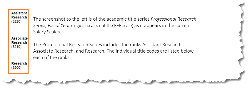 Image above shows how the academic title (including ranks) and title codes display in the salary scales.
